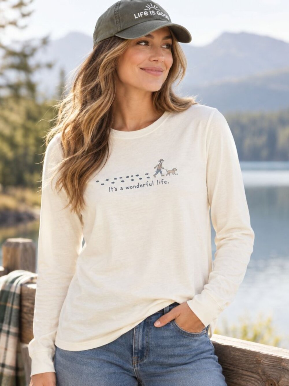 Life is Good Long Sleeve Tee Medium Cream Dog Graphic Casual Cottagecore Outdoor